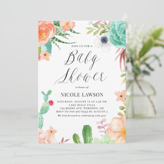 水彩多肉植物と花赤ちゃんシャワー 招待状 (スタンド正面)