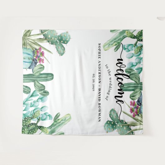 水彩多肉植物仙人掌婚礼背景 タペストリー (正面(横))