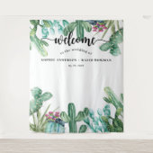 水彩多肉植物仙人掌婚礼背景 タペストリー (正面)