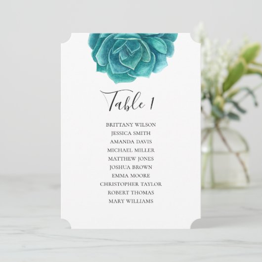 水彩多肉植物。ターコイズブルーの結婚式着席表 招待状 (スタンド正面)