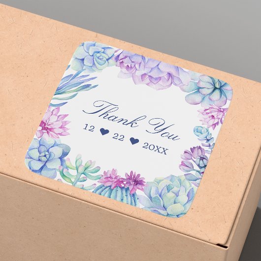 水彩多肉植物 花 サボテン ありがとう スクエアシール