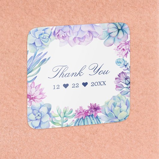 水彩多肉植物 花 サボテン ありがとう スクエアシール