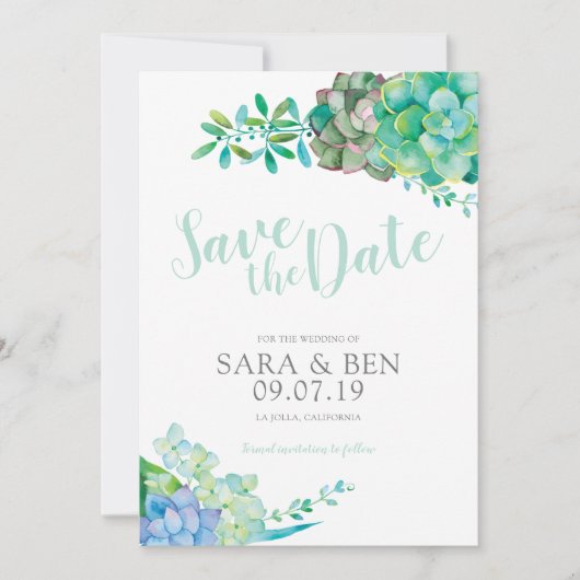 水彩多肉植物 Save the Date 招待状 (正面)