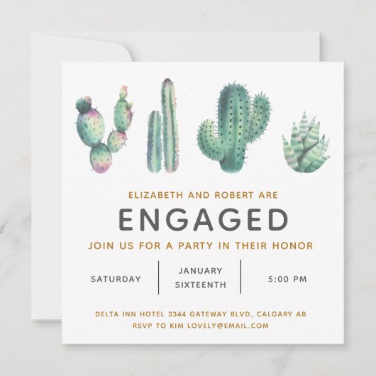 水彩多肉汁性サボテン婚約 招待状 (正面)