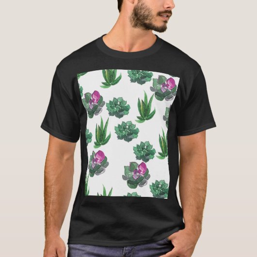 水彩多肉汁継目無しパターンデザイン Tシャツ (正面)