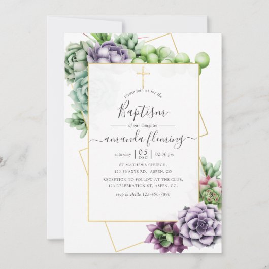 水彩多肉症の幾何学洗礼 招待状 (正面)