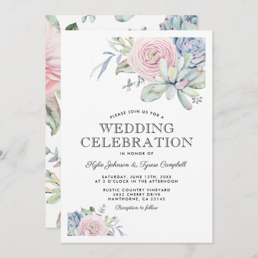 水彩多肉質パステルフローラ結婚ズ 招待状 (正面/裏面)