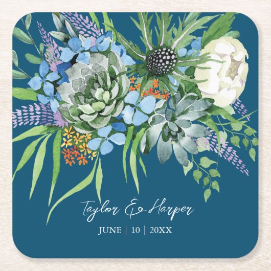 水彩多肉質フローラブーケボホ結婚ズ スクエアペーパーコースター (正面)