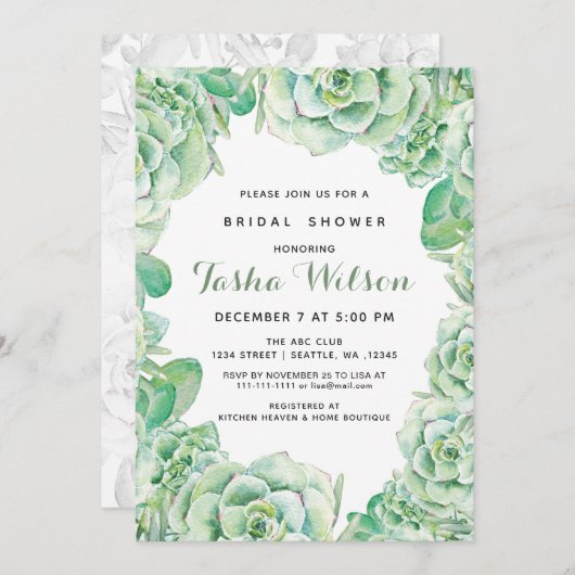 水彩多肉類ブライダルシャワー招待状 招待状 (正面/裏面)