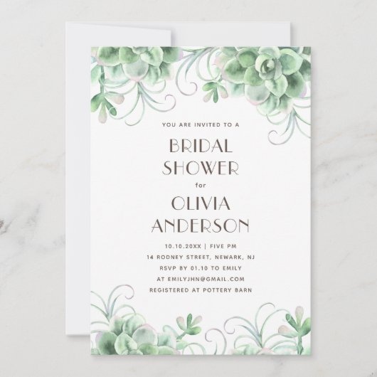 水彩多肉類ブライダルシャワー。フローラ 招待状 (正面)