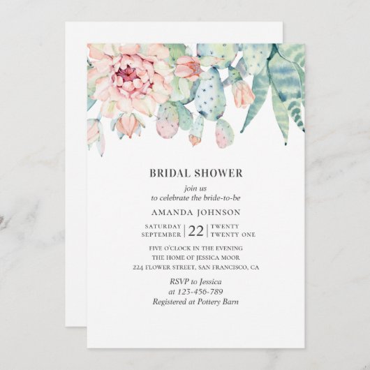 水彩多肉類ブライダルシャワー。フローラ 招待状 (正面/裏面)