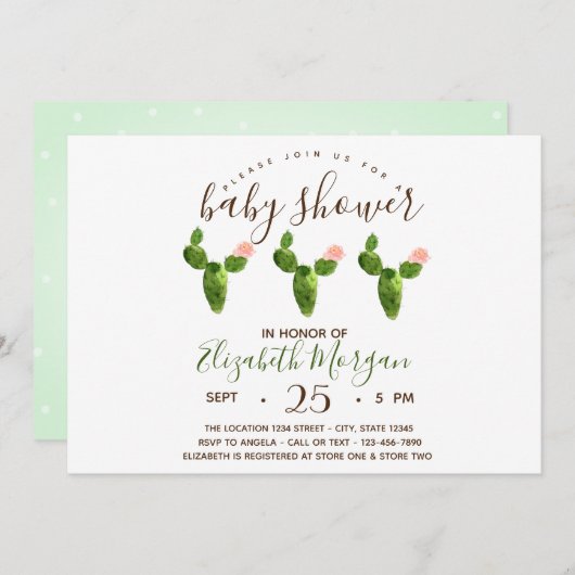 水彩多肉類水玉模様ベビーシャワー 招待状 (正面/裏面)