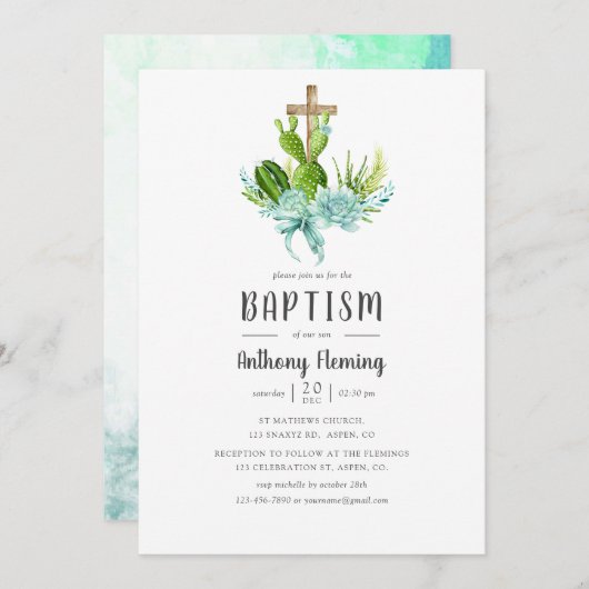 水彩多肉類男の赤ちゃんバプテスマ/《キリスト教》洗礼式や命名式 招待状 (正面/裏面)