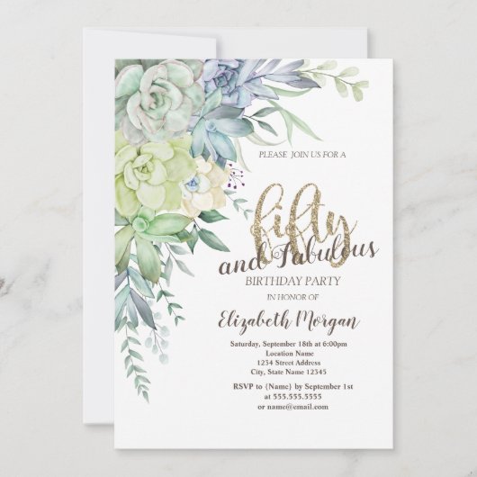 水彩多肉類砂漠50誕生日 招待状 (正面)