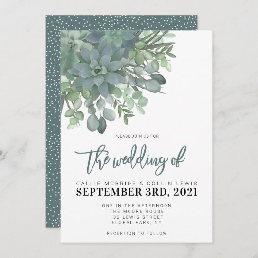 水彩多肉類素朴結婚式招待状 招待状 (正面/裏面)