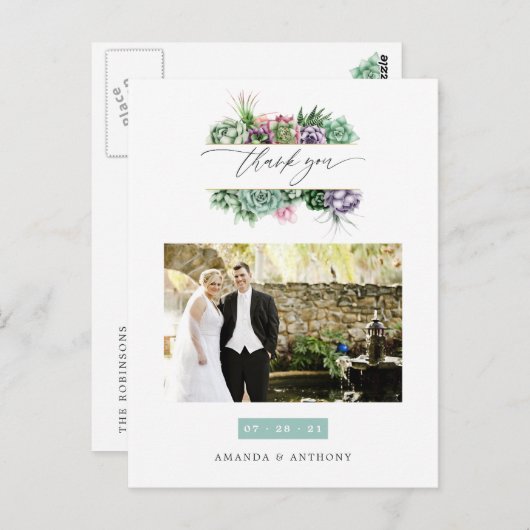 水彩多肉類結婚の写真ありがとう ポストカード (正面/裏面)