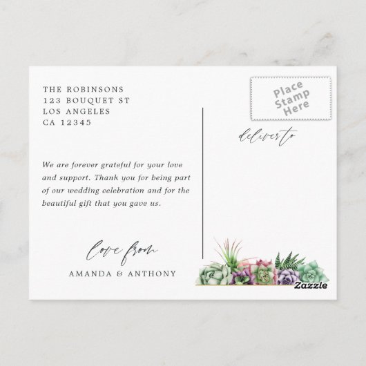 水彩多肉類結婚の写真ありがとう ポストカード (裏面)