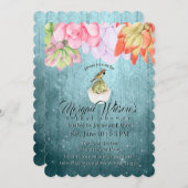 水彩多肉類鳥類ティール（緑がかった色）ブライダルシャワー 招待状 (正面/裏面)