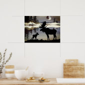 水彩夜色麋鹿和寶寶森林 ポスター (キッチン)