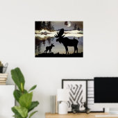 水彩夜色麋鹿和寶寶森林 ポスター (ホームオフィス)