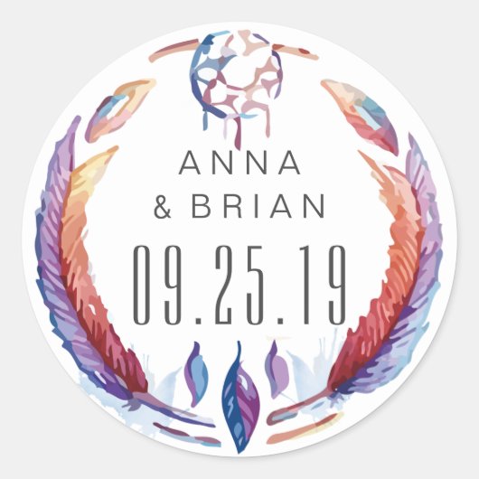 水彩夢のキャッチャー羽毛ボホ結婚ズ ラウンドシール (正面)