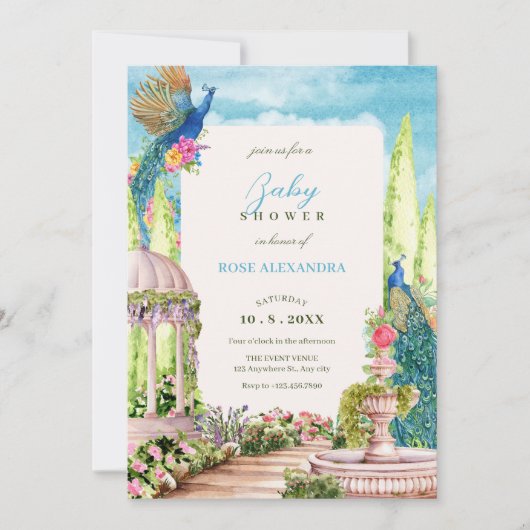 水彩夢想的なフローラガーデンバードベイビーシャワー 招待状 (正面)