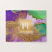 水彩大理石モノグラム金ゴールド紫グリーンアクア ジグソーパズル (横)