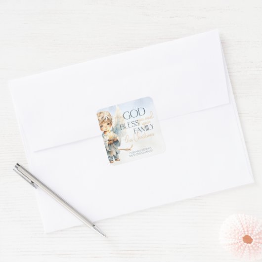 水彩天使の宗教的なクリスマス スクエアシール (封筒)