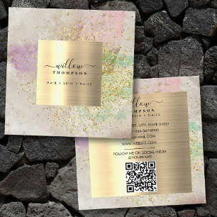 水彩天然石フェイク金ゴールドグリッターQRコード スクエア名刺