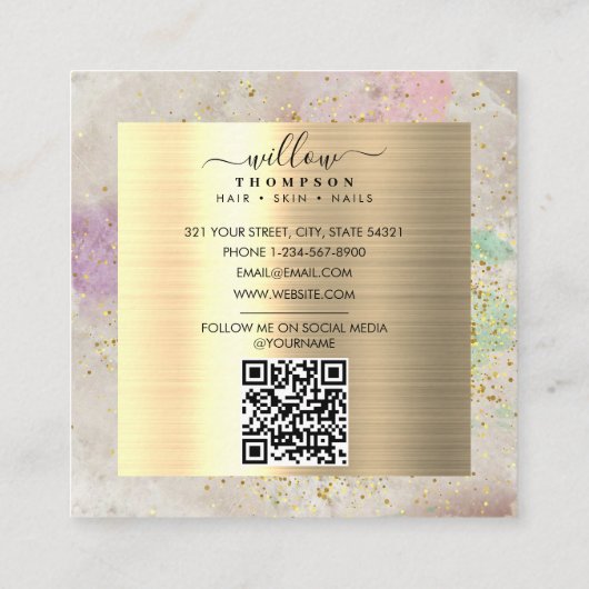 水彩天然石フェイク金ゴールドグリッターQRコード スクエア名刺 (裏面)