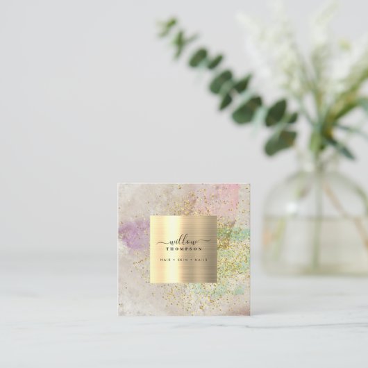 水彩天然石フェイク金ゴールドグリッターQRコード スクエア名刺 (スタンド正面)