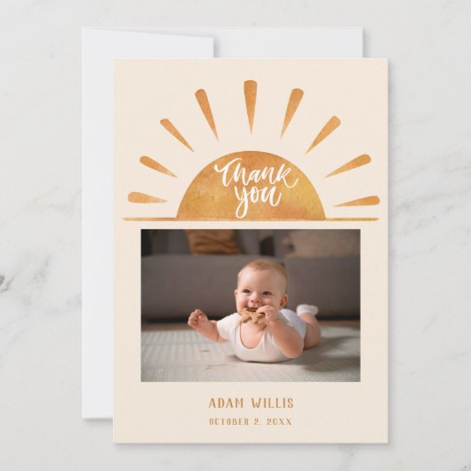 水彩太陽カスタムベビーフォトベビー感謝していシャワー サンキューカード (正面)