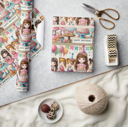 水彩女子ハッピーバースデー包装紙 ラッピングペーパー (クラフト)