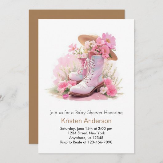 水彩女性のカーボーイ帽子とブーツドリーム赤ちゃんシャワー 招待状 (正面/裏面)