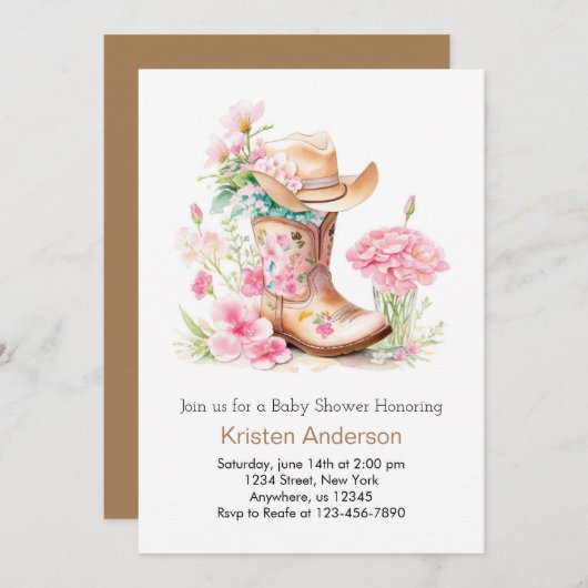 水彩女性のカーボーイ帽子とブーツ夢想的ベビーシャワー 招待状 (正面/裏面)