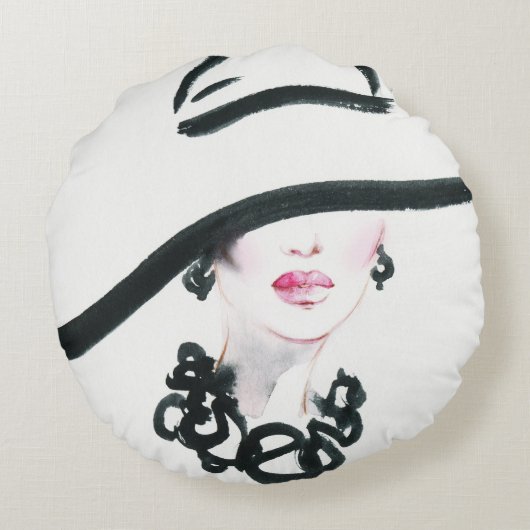 水彩女性ポートレート、抽象芸術ファッション病 ラウンドクッション (裏面)