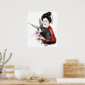 水彩女性日本のスパローハンドファンアート ポスター (キッチン)