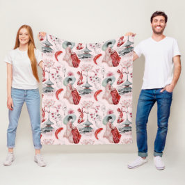 水彩女性日本のパゴダロータスコイ魚 フリースブランケット