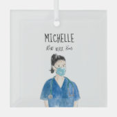 水彩女性最高のナースエバー顔マスクキュート ガラスオーナメント (正面)