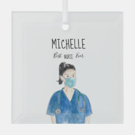 水彩女性最高のナースエバー顔マスクキュート ガラスオーナメント