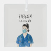 水彩女性最高のナースエバー顔マスクキュート ガラスオーナメント (裏面)