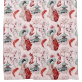 水彩女日本のパゴダロータスコイ魚 シャワーカーテン (正面)