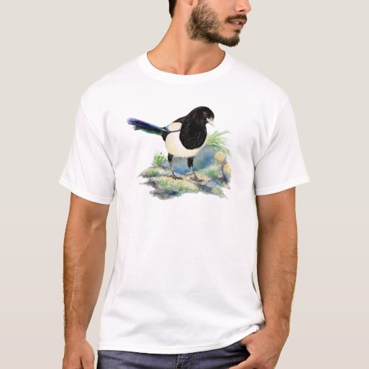 水彩好奇心マグパイおもしろいバードアート Tシャツ (正面)