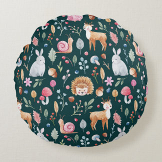 水彩妖精の森の子供のパターン ラウンドクッション