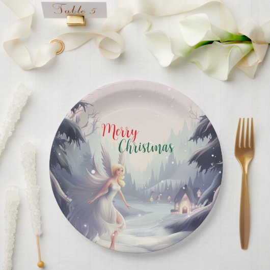 水彩妖精の雪片メリークリスマスツリーパーティー ペーパープレート (ウェディング)