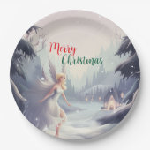 水彩妖精の雪片メリークリスマスツリーパーティー ペーパープレート (正面)