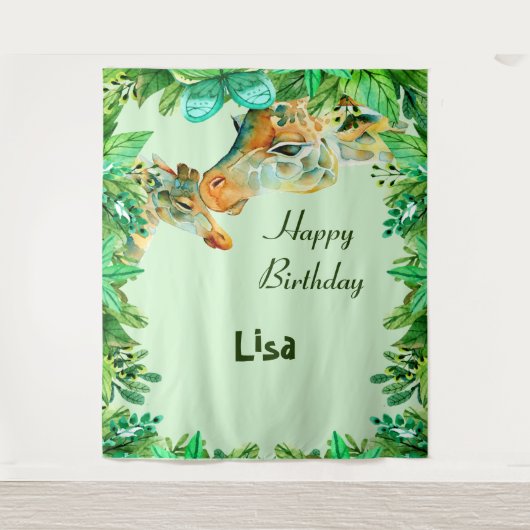 水彩媽媽長頸鹿和寶寶的生日背景佈 タペストリー (正面)