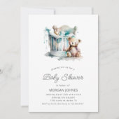 水彩子供部屋テディベア赤ちゃんシャワー 招待状 (正面)