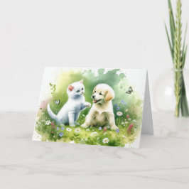 水彩子犬と子猫誕生日 カード