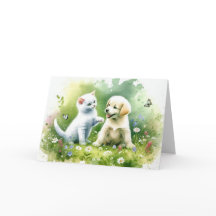 水彩子犬と子猫誕生日